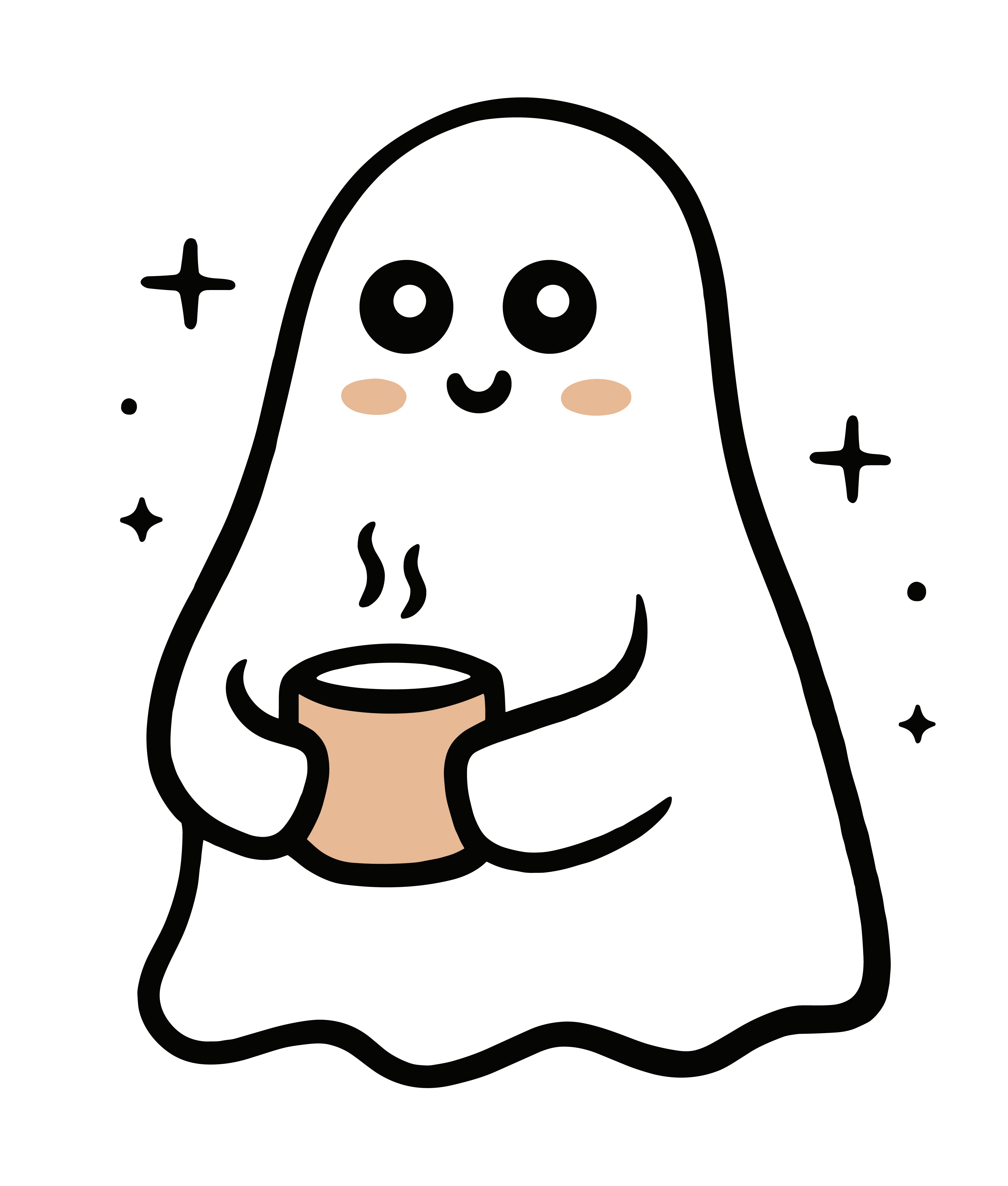 Friendly ghost holding a steaming mug of coffee