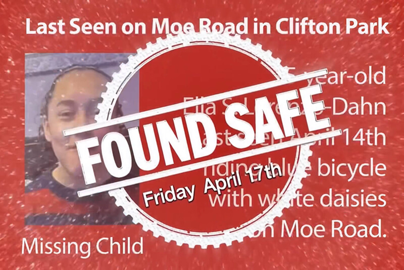 Missing Clifton Park Child Ella  Found Safe