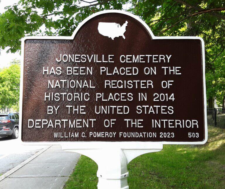 Marker stating Jonesville Cemetery was placed on the National Register of Historic Places in 2014
